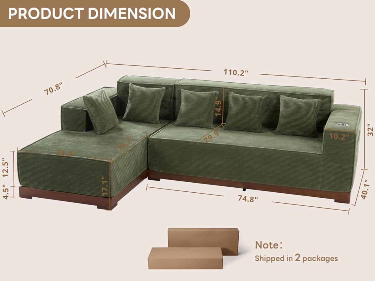 LIKIMIO 110” L-Shaped Sofa with LED Lights, Cloud Boneless Couch with Oversized Chaise, Deep Seat, Built-in Holder & Storage Pocket, Upholstered Couches for Living Room and Apartment, Green - Image 3