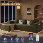 LIKIMIO 110” L-Shaped Sofa with LED Lights, Cloud Boneless Couch with Oversized Chaise, Deep Seat, Built-in Holder & Storage Pocket, Upholstered Couches for Living Room and Apartment, Green - Image 4