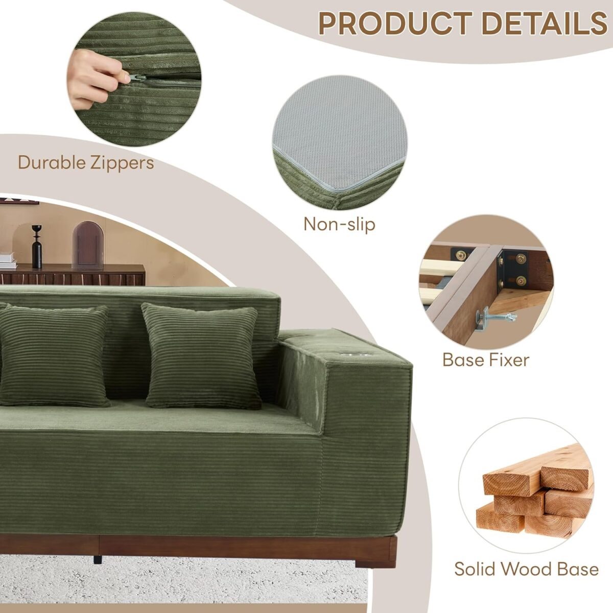 LIKIMIO 110” L-Shaped Sofa with LED Lights, Cloud Boneless Couch with Oversized Chaise, Deep Seat, Built-in Holder & Storage Pocket, Upholstered Couches for Living Room and Apartment, Green - Image 9