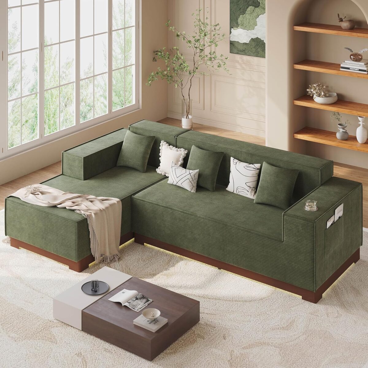 LIKIMIO 110” L-Shaped Sofa with LED Lights, Cloud Boneless Couch with Oversized Chaise, Deep Seat, Built-in Holder & Storage Pocket, Upholstered Couches for Living Room and Apartment, Green - Image 10