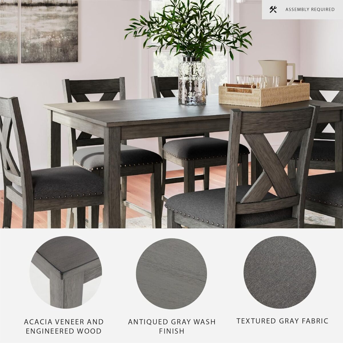 Signature Design by Ashley Caitbrook Casual Counter Height Dining Table and Upholstered Bar Stools with Nailhead Trim, Set of 7, Gray - Image 4