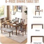6-Piece Wooden Dining Set, Dining Table & Chair Set for 6, Includes Dining Table, 4 Upholstered Chairs & 1 Bench, Dining Table with Wood Legs, Table Set for Dining Room, Kitchen, Walnut - Image 5
