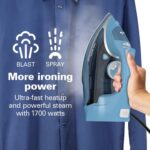 Hamilton Beach Steam Iron for Clothes & Garment Steamer with Durable Stainless Steel Soleplate, 1700 Watts for Ultra-Fast Heat, 8’ Retractable Cord, Auto Shutoff, 350 ml Water Tank, Blue (14216) - Image 5