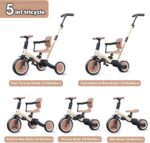 newyoo Toddler Tricycle with Push Handle for 1-3 Year Old, Toddler Bike, Birthday Gift and Toy for Boys and Girls, 5 in 1 Kids Trike, Balance Bike with Backrest and Safety Belt, Khaki, TR007 - Image 3