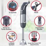 Mueller Multistick 5-in-1 Immersion Blender Handheld, 12 Speed Hand Mixer - Turbo Boost, Heaviest Duty Copper Motor, Titanium Blades Hand Blender, Milk Frother Wand, Whisk, Beaker, Chopper, Grey - Image 4