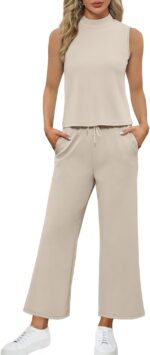 SAMPEEL Two Piece Sets for Women Summer Outfits Lounge Sets Mock Neck Tops Wide Leg Crop Pants Vacation Travel Outfits - Image 4