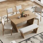 Merax 6-Piece Retro Dining Set, 1 Rectangular Table with Stable Trapezoidal Table Base and 4 Upholstered Chairs and 1 Bench for Dining Room and Kitchen, Natural Wood Wash - Image 3