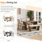 Merax 6-Piece Retro Dining Set, 1 Rectangular Table with Stable Trapezoidal Table Base and 4 Upholstered Chairs and 1 Bench for Dining Room and Kitchen, Natural Wood Wash - Image 8