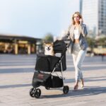 VEVOR Pet Stroller, 35 lbs Weight Capacity, Foldable Dog Cart, 3 Wheels Cats Carts with Mesh Windows and Cup Holders, Portable Pet Carrier Stroller with Brake, for Small to Medium Pets - Image 9