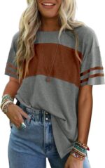 Angerella Womens Color Block Tops 2025 Summer Striped Short Sleeve T-Shirt Casual Crewneck Tunic Blouses Loose Fitted - Image 2