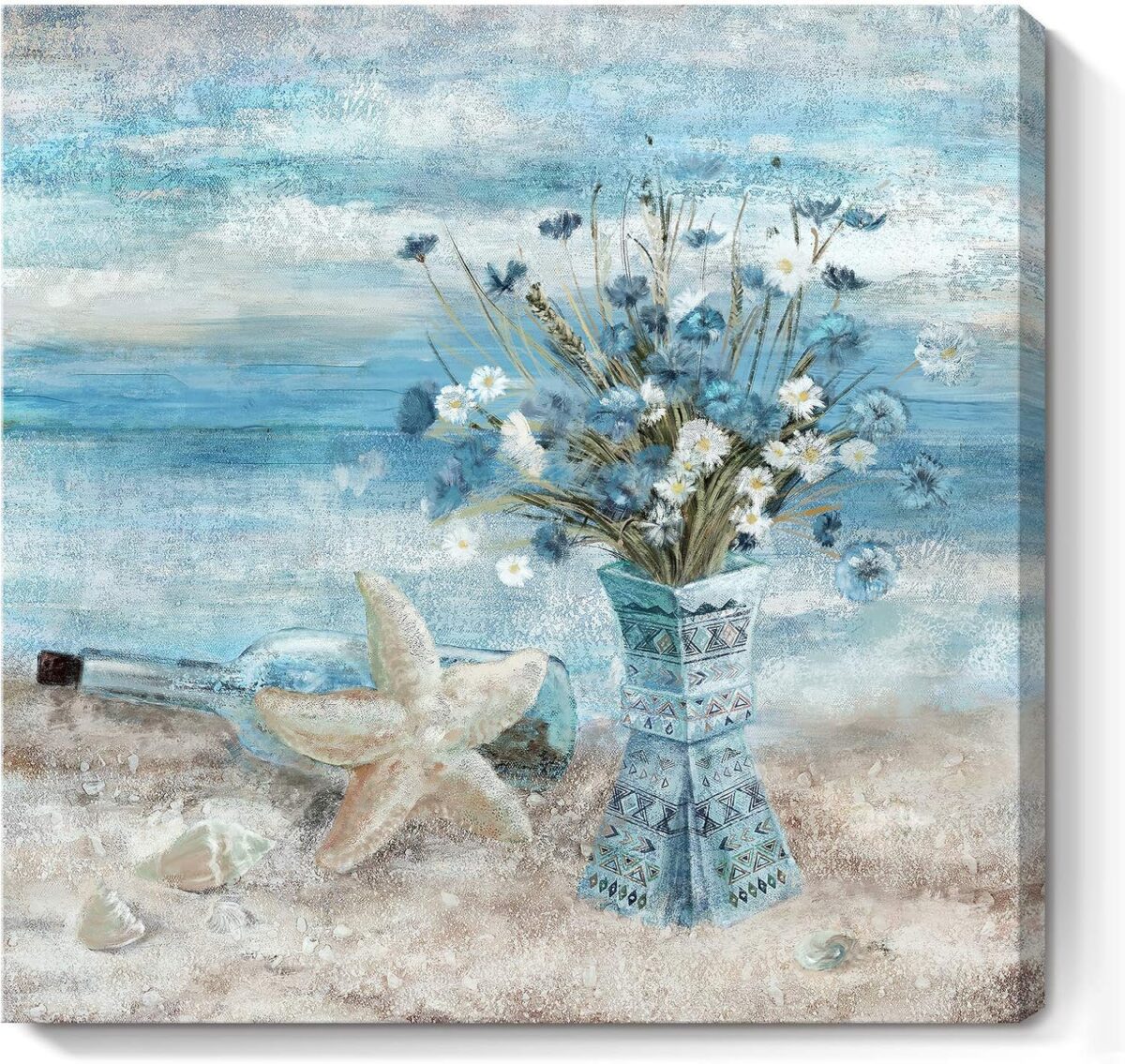 Bathroom Decor Wall Art Blue Beach Picture Ocean Theme Flower Canvas Print Modern Coastal Seascape Painting Framed Seaside Artwork Floral Daisy in Indian Vase for Home Sea Lake Bedroom 14x14inch - Image 2