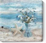 Bathroom Decor Wall Art Blue Beach Picture Ocean Theme Flower Canvas Print Modern Coastal Seascape Painting Framed Seaside Artwork Floral Daisy in Indian Vase for Home Sea Lake Bedroom 14x14inch - Image 2