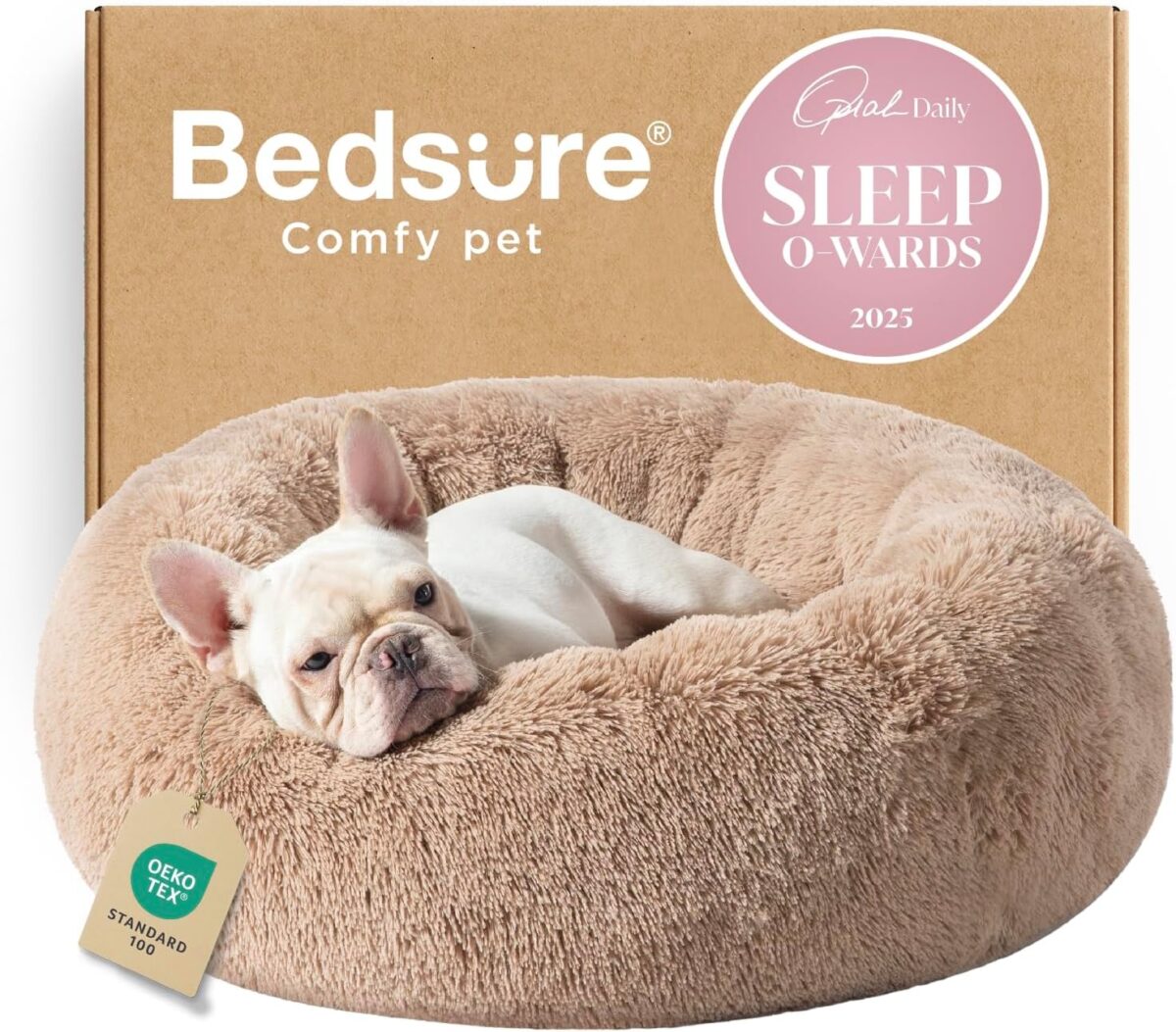 Bedsure Calming Dog Bed Medium Size Dog - Donut Washable Medium Pet Bed, 30 inches Anti-Slip Round Fluffy Plush Faux Fur Cat Bed, Fits up to 45 lbs Pets, Camel - Image 2