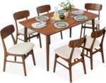 Best Choice Products 7-Piece Wooden Dining Room Table Set, Mid-Century Modern, Kitchen Table w/ 6 Chairs, Upholstered Cushions, Curved Backrests, Rounded Table Corners - Walnut/Cream - Image 2