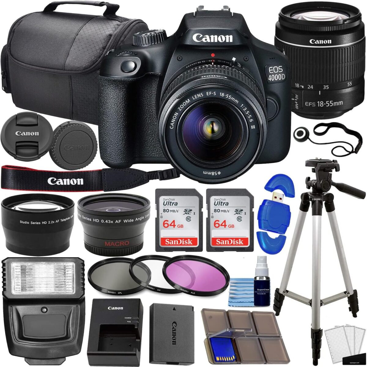 Canon EOS 4000D / Rebel T100 DSLR Camera w/EF-S 18-55mm f/3.5-5.6 Lens 3 Lens Kit Bundled with 128GB Memory + Wide Angle Lens + Telephoto Lens + Flash + More (Renewed) Black - Image 2