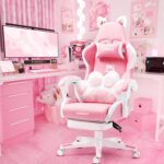 Cat Ears PU Leather Gaming Chair Ergonomic Adjustable Office Desk Computer Chairs for Gamers Adults Kids 360 Degree Swivel Recliner 45in Height, Pink - Image 2