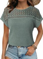 Dokotoo Women's Tops Casual Scoop Neck Short Sleeve Waffle Knit Hollow Out Shirts Loose Tunic Tops Blouses - Image 2