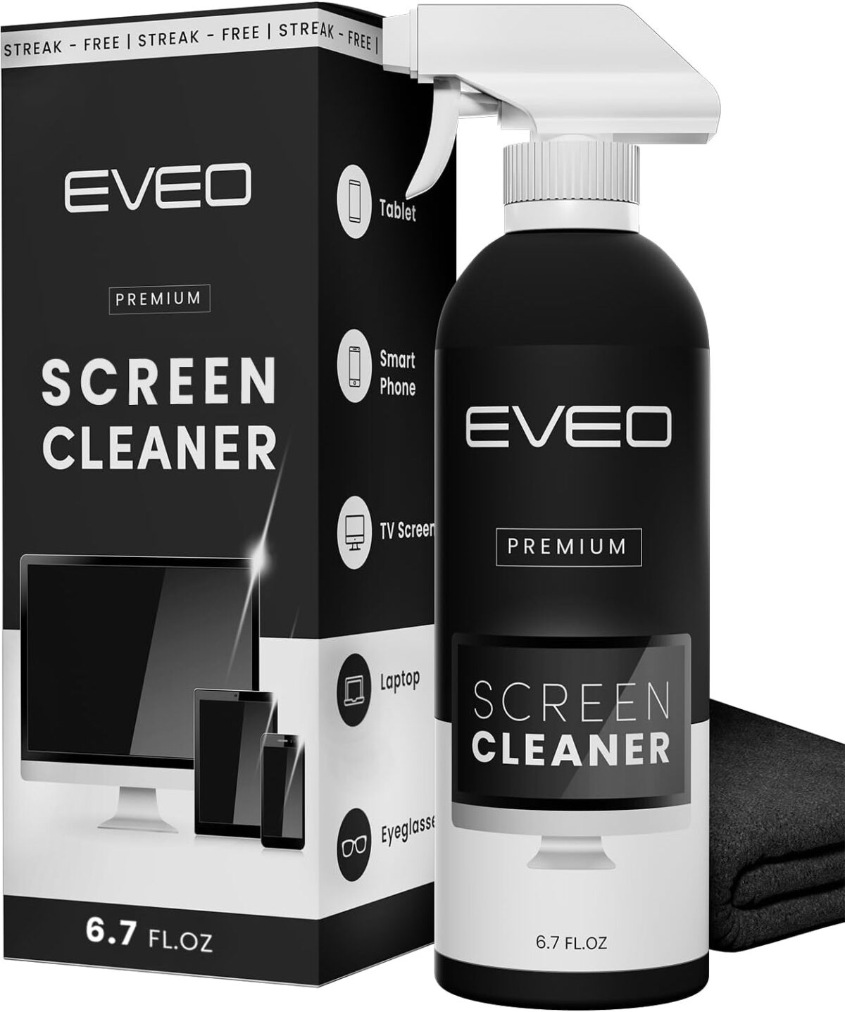 EVEO® Screen Cleaner Spray Kit (Streak-Free) TV Screen Cleaner for Smart TV, LCD, LED, OLED | Computer Screen Cleaner Spray and Wipe Microfiber Cloth - TV, Monitor, Laptop, iPad, Car - 6.7oz 1 Pack - Image 2