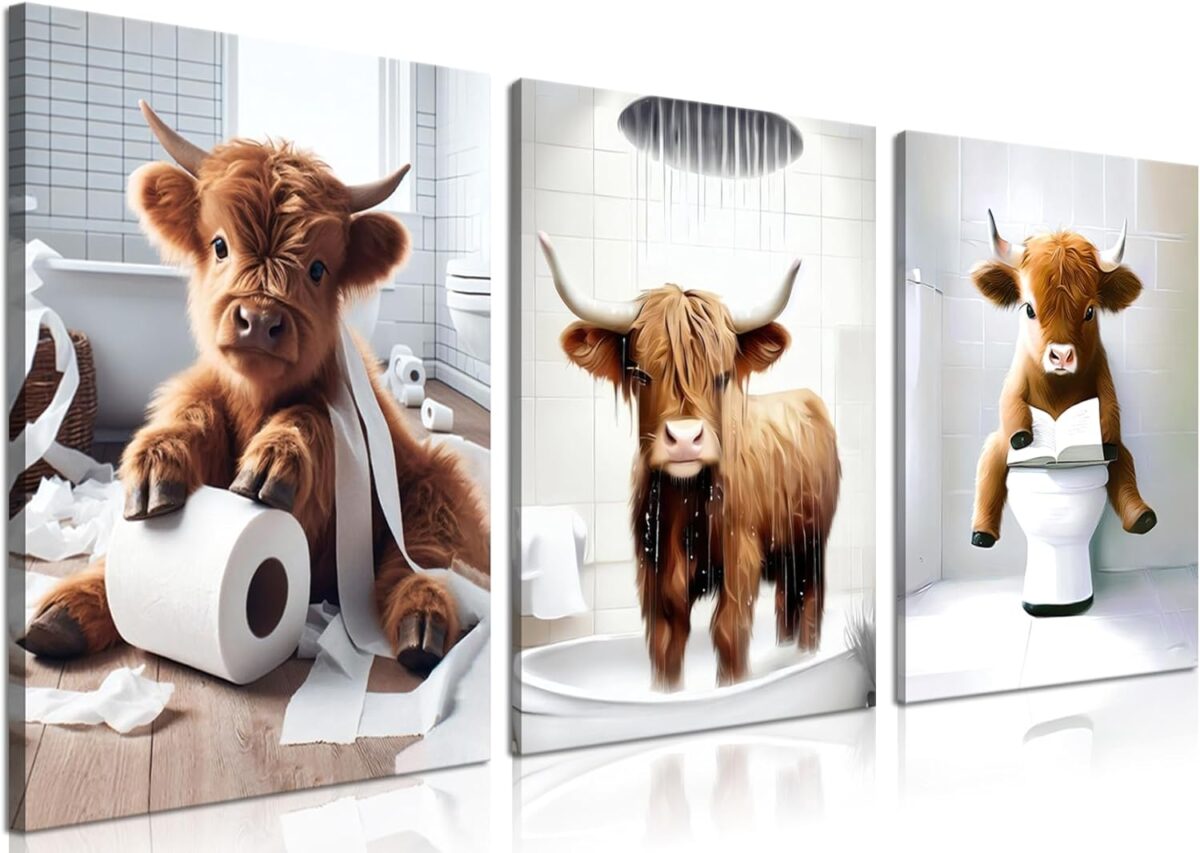 Funny Highland Cow Wall Art Set of 3, Rustic Farmhouse Bathroom Cow Pictures Wall Decor Painting, Brown Cute Cow Animal Canvas Posters Prints for Bathroom Restroom Home Decor Framed 12x16 Inch - Image 2