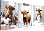 Funny Highland Cow Wall Art Set of 3, Rustic Farmhouse Bathroom Cow Pictures Wall Decor Painting, Brown Cute Cow Animal Canvas Posters Prints for Bathroom Restroom Home Decor Framed 12x16 Inch - Image 2