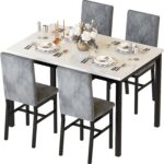 Hooseng Dining Table Set for 4 Faux Marble Kitchen Table and Chairs Set of 4,5 Piece with Velvet Upholstered Dinner Chairs for Compact Dining Room,Small Space,Grey - Image 2
