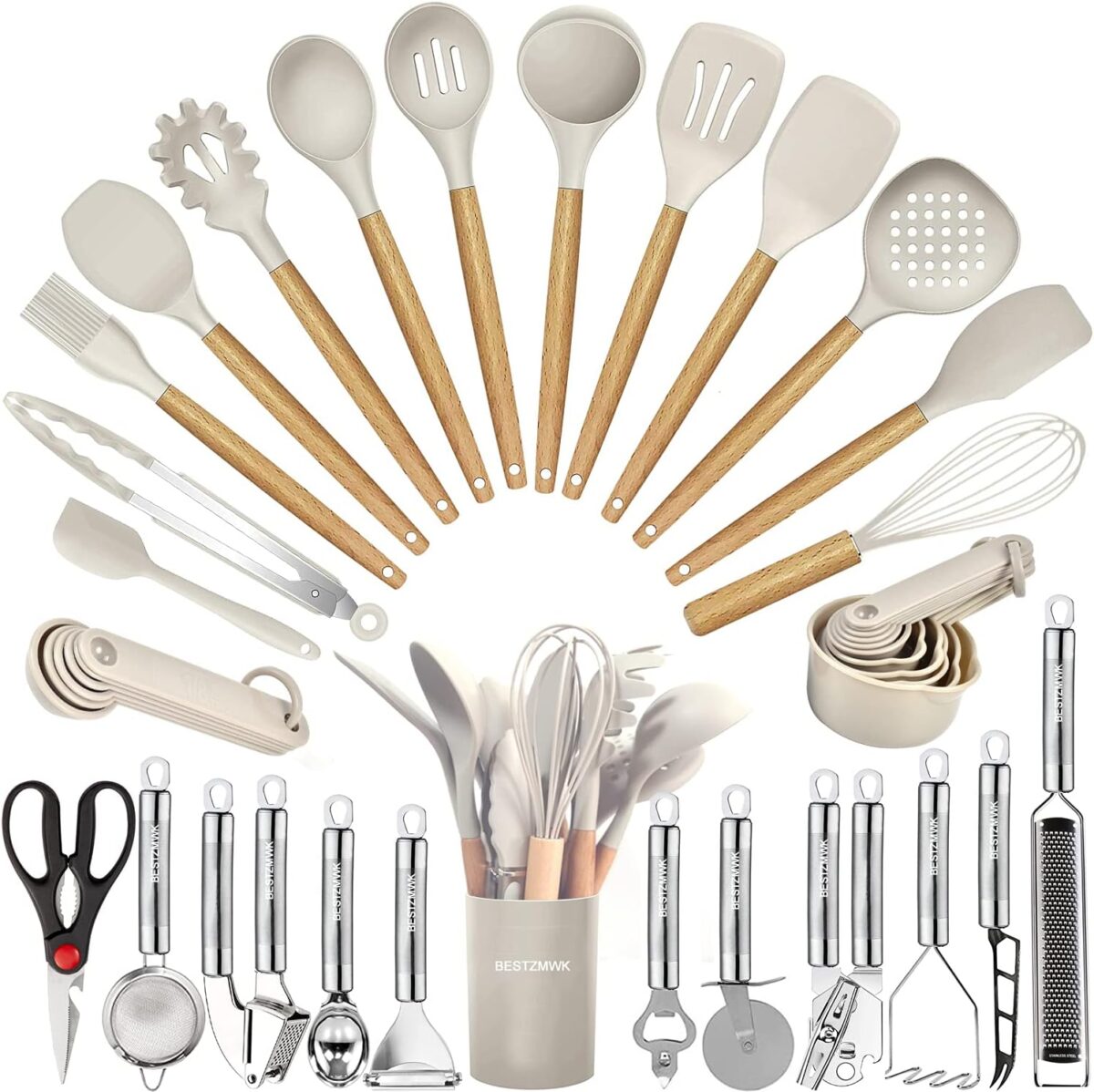 Kitchen Utensils Set- 35 PCs Cooking Utensils with Grater,Tongs, Spoon Spatula &Turner Made of Heat Resistant Food Grade Silicone and Wooden Handles Kitchen Gadgets Tools Set for Nonstick Cookware - Image 2