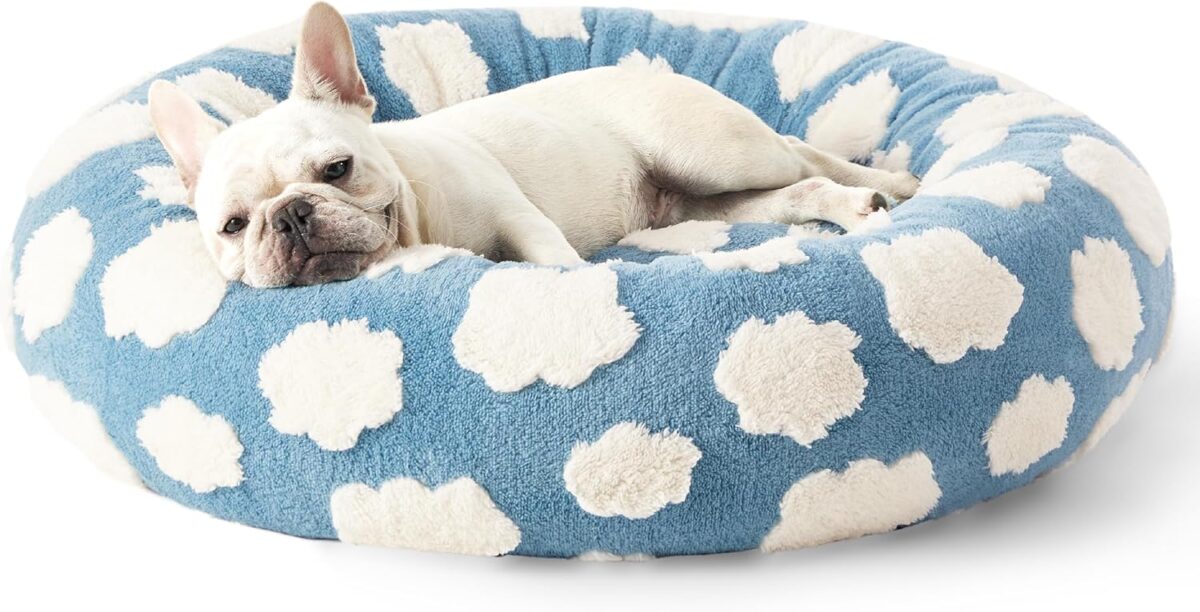 LE SURE Donut Dog Bed Medium Size Dog - Round Cat Beds for Indoor Calming Pet with Washable Cover, Cute Modern Puppy Beds with Jacquard Shaggy Plush & Anti Slip Bottom, 30 Inch, Blue - Image 2