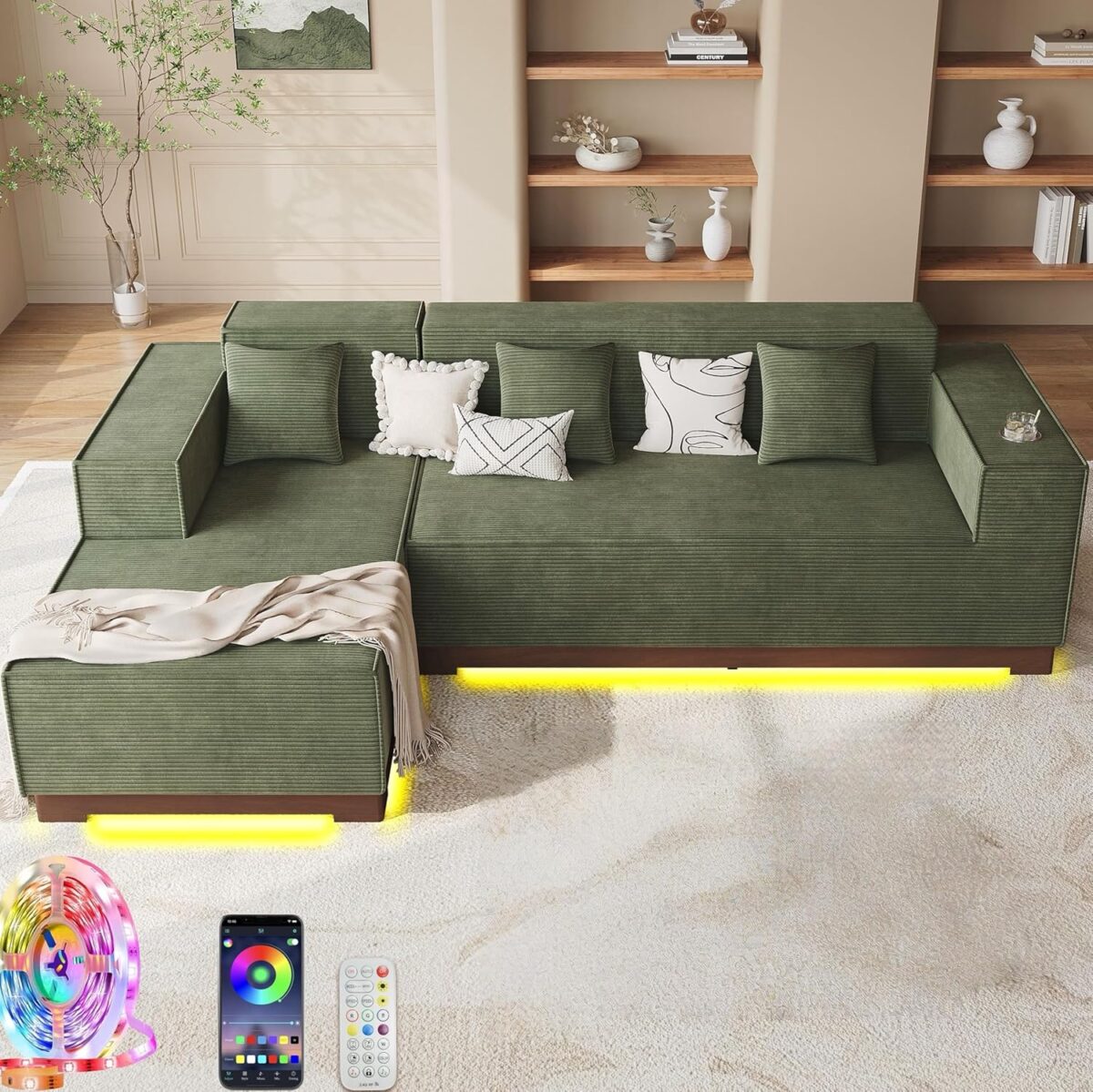 LIKIMIO 110” L-Shaped Sofa with LED Lights, Cloud Boneless Couch with Oversized Chaise, Deep Seat, Built-in Holder & Storage Pocket, Upholstered Couches for Living Room and Apartment, Green - Image 2