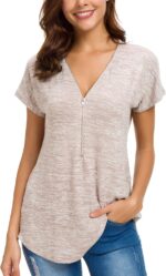 LUSMAY Women's Casual Zipper V Neck Short Sleeve Tunic Tops Loose Fitting T Shirts Blouse - Image 2