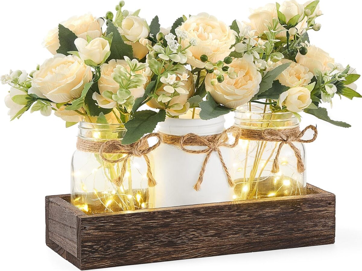 Mkono Mason Jar Lights Centerpiece Table Decor for Dining Room Farmhouse Wood Tray with 3 Jars Flowers Fall Decoration for Coffee Table Kitchen Living Room Wedding - Image 2