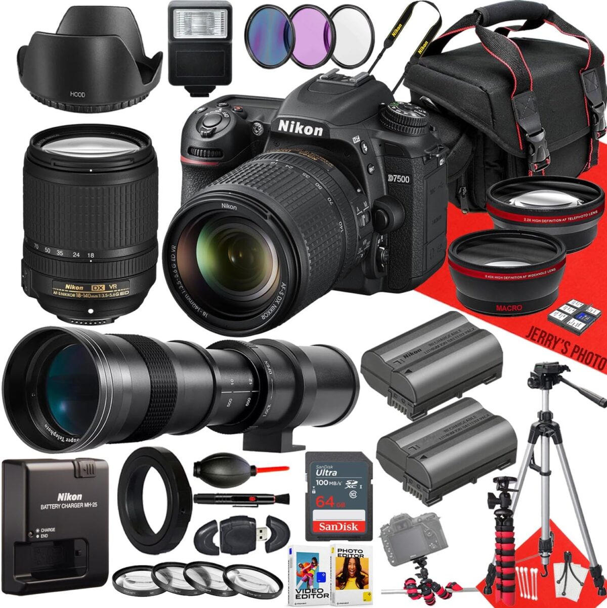 Nikon D7500 DSLR Camera with 18-140mm f/3.5-5.6G ED VR Lens and 420-800mm Lens + 64GB Memory + Extra Battery + Slave Flash + Filters + Tripod + More (32pc Bundle) - Image 2