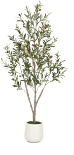 Olive Trees Artificial Indoor, 5FT Tall Faux Olive Tree with White Tall Planter, Artificial Plants with Natural Wood Trunk and Lifelike Fruits for Home Office Decor - Image 2