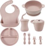PandaEar Silicone Baby Feeding Set | 9PCS Baby Led Weaning Supplies Self Feeding Utensils | Divided Suction Plate Bowl Bibs Sippy Cup with Baby Snack Container Spoons Forks (Pink) - Image 2