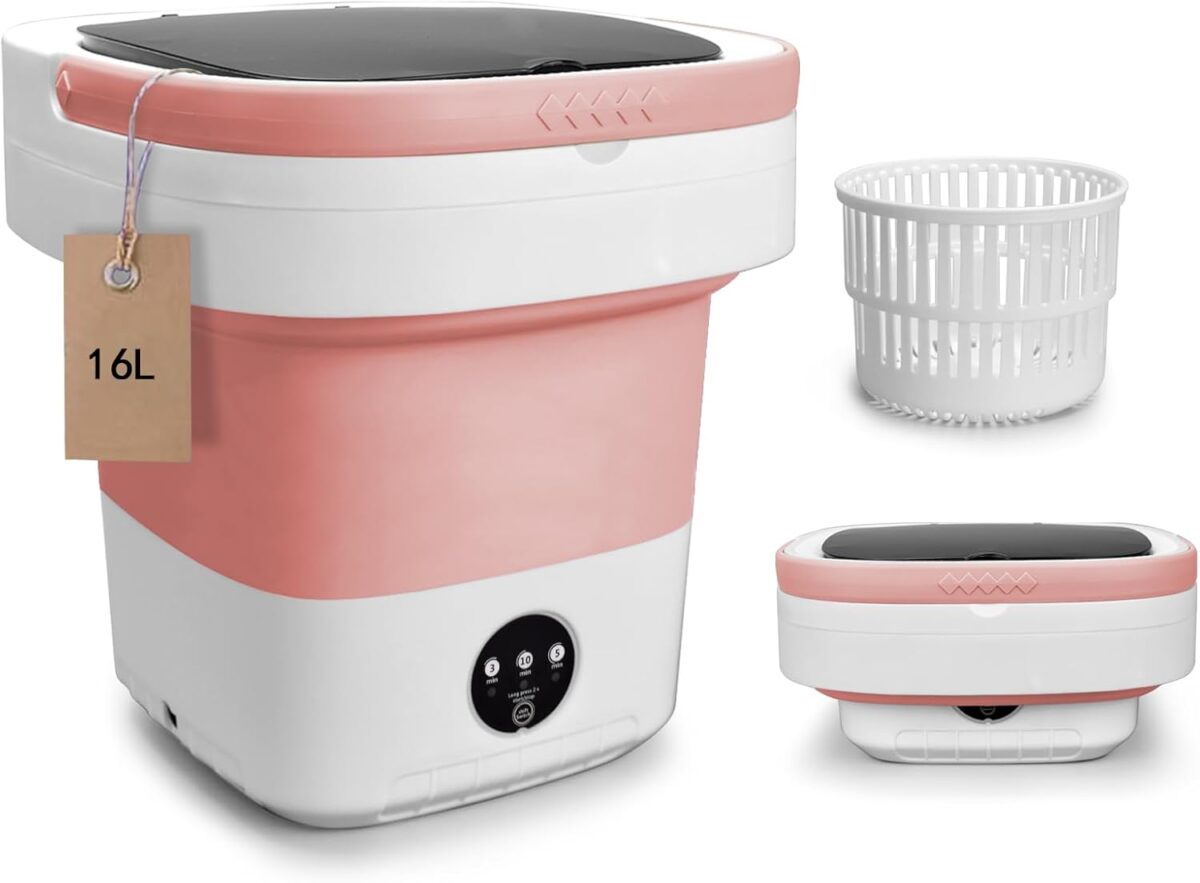 Portable Washing Machine, Mini 16L Foldable Washer and Dryer with 3 Modes Deep Cleaning, Upgraded Small Collapsible Laundry for Hotel, Apartment, Home and Travel - Pink - Image 2