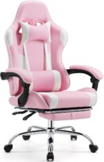 Sweetcrispy Video Game Desk Chair - Ergonomic Computer with Footrest and Comfy Lumbar Support, PU Leather Recliner with Headrest, Fixed Up Armrest, Height Adjustable with 360° Swivel, for Adults, Pink - Image 2
