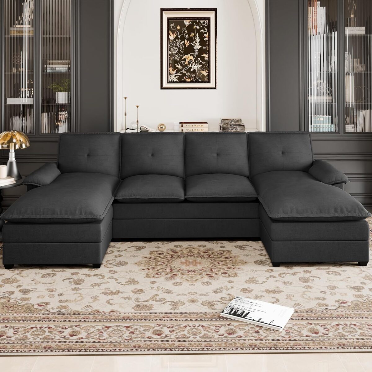 U Shaped Sectional Couch for Living Room,110" 4-Seater Comfy Couch with Double Chaise,Deep Seat Modular Sofa Couches with Thick Cushion & Soft Backrest,Black - Image 2