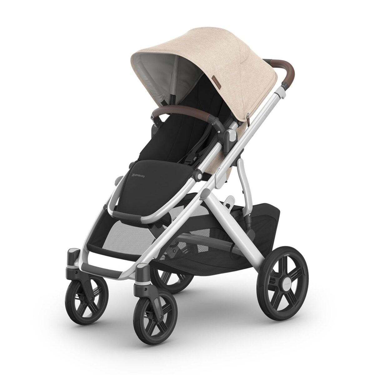 UPPAbaby Vista V3 Stroller - Full-Size Single-to-Double Stroller System - Toddler Seat, Bug Shield, Rain Shield, and Storage Bag Included - Declan (Oat Mélange/Silver Frame/Chestnut Leather) - Image 2