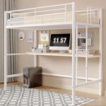 VECELO Loft Bed Twin Size with Desk, Metal Bedframe with Removable Ladder and Safety Guardrail, No Box Spring Needed, Space Saving, Noise Free, Pure White - Image 2