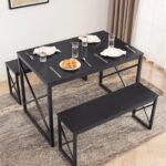 VECELO Kitchen Table with 2 Benches for 4, Wood Dining Room Dinette Sets with Metal Frame for Breakfast Nook and Small Space, Black - Image 3