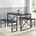 VECELO Kitchen Table with 2 Benches for 4, Wood Dining Room Dinette Sets with Metal Frame for Breakfast Nook and Small Space, Black - Image 8