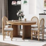 Harper & Bright Designs 5-Piece Extendable Dining Table Set, Functional Round Dining Table and 4 Upholstered Chairs with Rattan Backrests for Dining Room and Kitchen (Natural Wood Wash) - Image 9