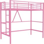 VECELO Loft Bed Twin Size, Metal Bedframe with Removable Ladder and Safety Guardrail, No Box Spring Needed, Space Saving, Noise Free, Light Pink - Image 6