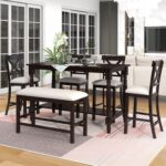 Merax 6-Piece Wooden Counter Height Rectangular Table Set with Bottom Shelf, 4 Chairs, and Padded Bench, Espresso - Image 4