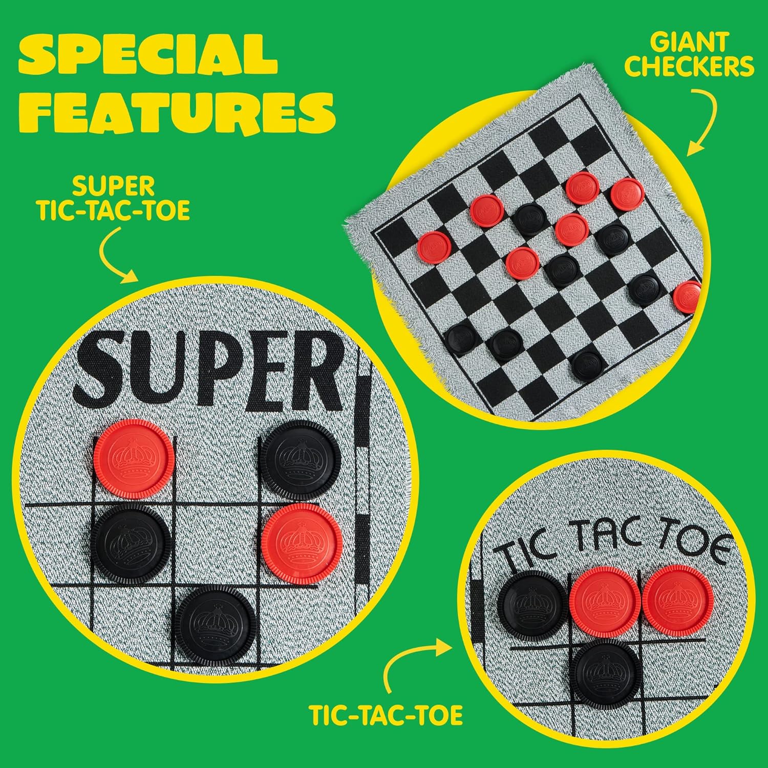 3-in-1 Vintage Giant Checkers, Tic, Tac, Toe, with Reversible Mat, 24 Chips, Family Board Game, Lawn Game, BBQ Party Favor, Indoor and Outdoor Activity for Kids and Adults - Image 4
