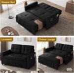DWVO 55" Convertible Sofa Bed, 3-in-1 Sleeper Sofa with Pull-Out Bed, Linen Futon Couch with Side Pocket and Adjustable Backrest, Modern Loveseat for Living Room, Balck - Image 6