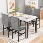 Hooseng 5-Piece Dining Table Set for 4 with Faux Marble Top & Velvet Chairs, Space Saving Modern Kitchen Table Set for Small Spaces, Apartments - Image 3