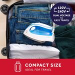 Sunbeam Hot-2-Trot Travel Steam Iron, 800 Watt Dual Voltage 120/240, Compact Size, Portable, Non-Stick Soleplate, Soft Touch Handle, Horizontal or Vertical Use, White and Blue - Image 3