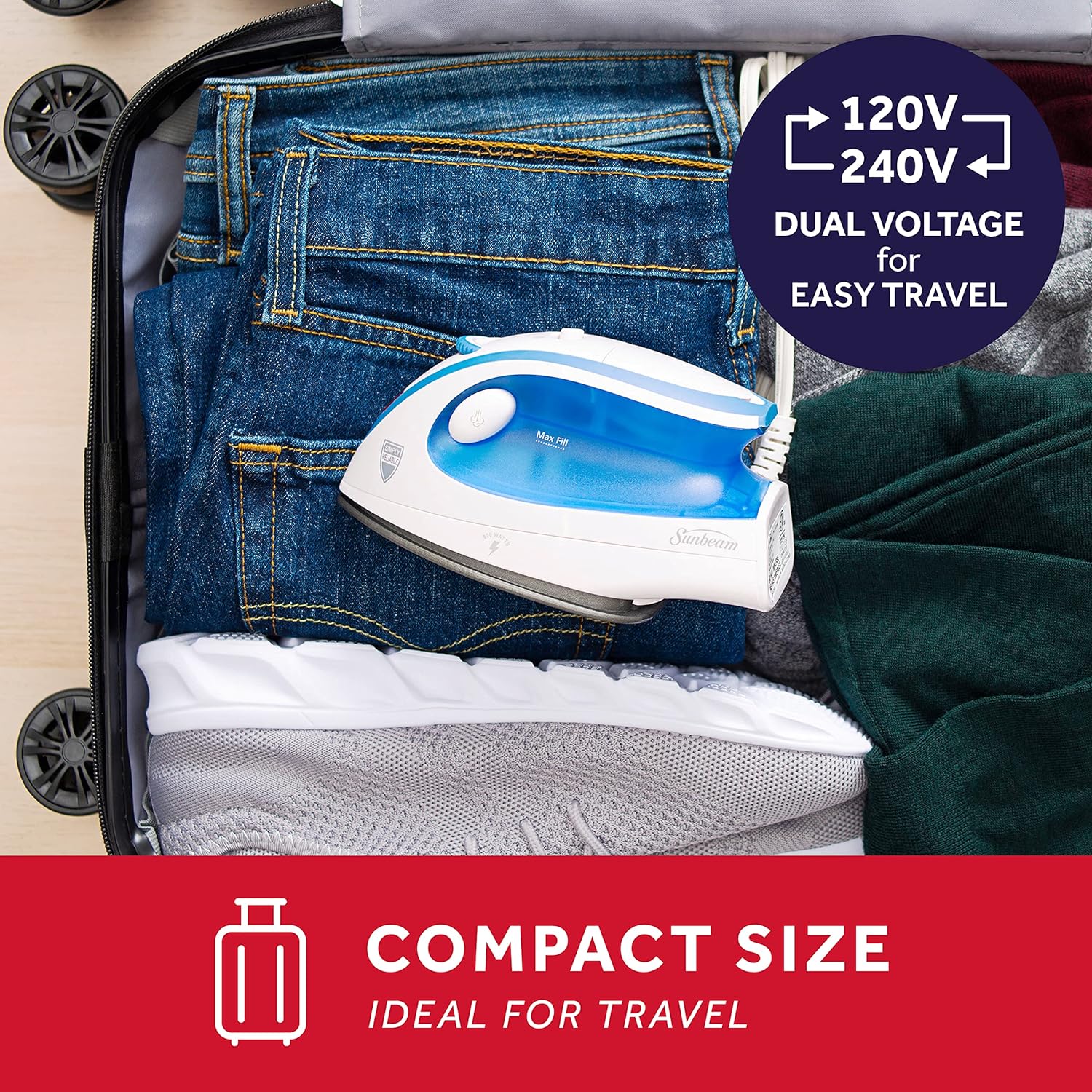 Sunbeam Hot-2-Trot Travel Steam Iron, 800 Watt Dual Voltage 120/240, Compact Size, Portable, Non-Stick Soleplate, Soft Touch Handle, Horizontal or Vertical Use, White and Blue - Image 3