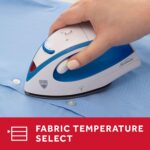Sunbeam Hot-2-Trot Travel Steam Iron, 800 Watt Dual Voltage 120/240, Compact Size, Portable, Non-Stick Soleplate, Soft Touch Handle, Horizontal or Vertical Use, White and Blue - Image 5