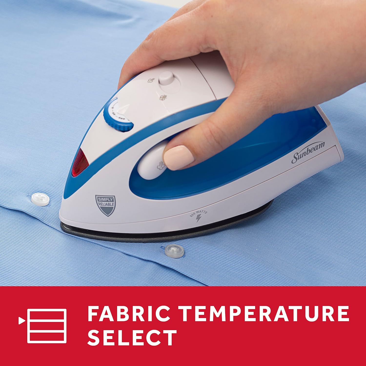 Sunbeam Hot-2-Trot Travel Steam Iron, 800 Watt Dual Voltage 120/240, Compact Size, Portable, Non-Stick Soleplate, Soft Touch Handle, Horizontal or Vertical Use, White and Blue - Image 5